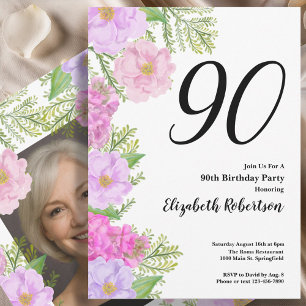 Invitation Modèle de photo personnalisé Fleur peinte pour 90e