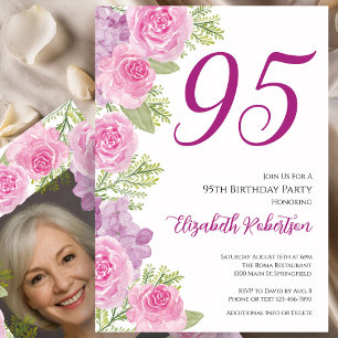 Invitation Modèle de photo personnalisé Roses roses 95e anniv