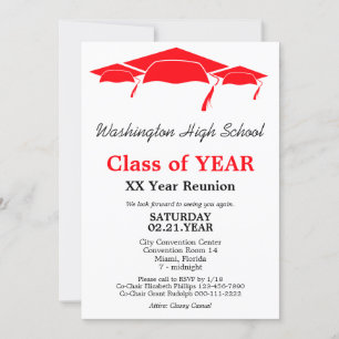 Invitation Modèle de réunion de classe Red Graduation Caps
