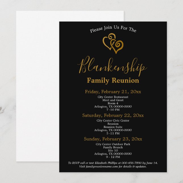 Invitation Modèle de réunion de famille coeurs liés or (Devant / Derrière)