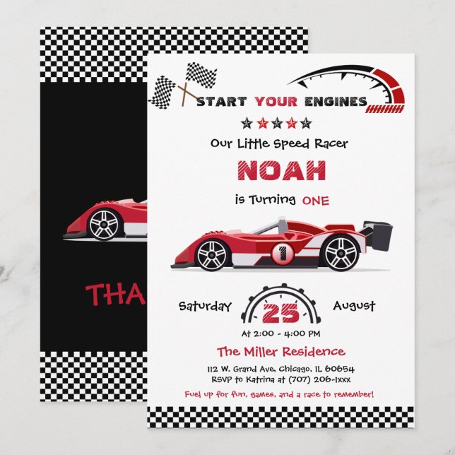 Invitation Modèle de voiture rouge course modifiable (Devant / Derrière)