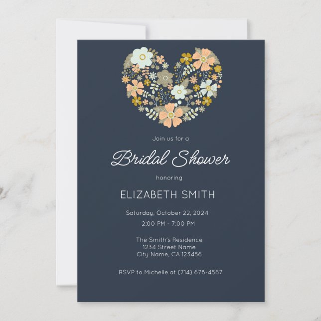 Invitation Modèle d'invitation de mariage floral bleu marine (Devant)