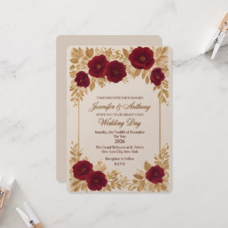 Invitation Modèle d'invitation de mariage floral Bourgogne de