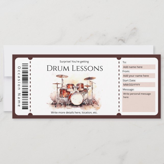 Invitation Modèle du certificat-cadeau Surprise Drum Lessons (Devant)