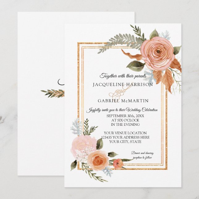 Invitation MODÈLE Elegant Rustique Automne Floral Mariage or (Devant / Derrière)