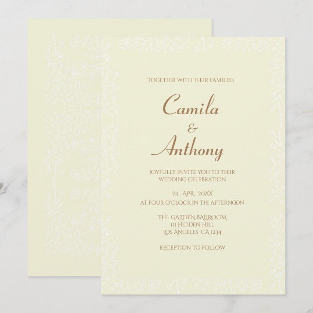 Invitation Modèle Floral Blanc Beige Imprimer Mariage Bordure (Devant / Derrière)