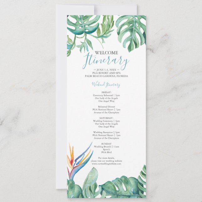 Invitation Modèle Itinéraire de mariage de destination tropic (Devant)