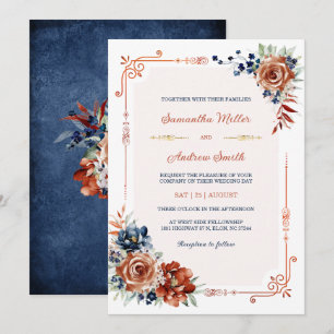 Invitation Modèle Mariage bleu marine et orange brûlé or