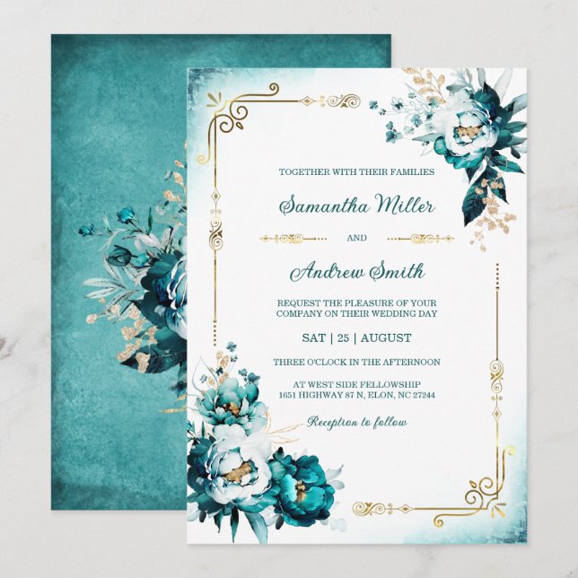 Invitation Modèle Mariage turquoise et Gold (Devant / Derrière)