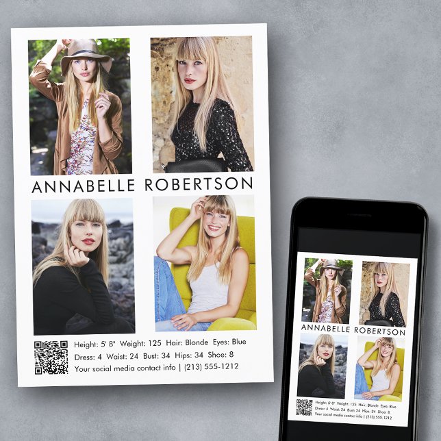 Invitation Modèle moderne Actor 4 Photos QR Code Comp Card (Customize to change background color, text size, style or to add more photos to back of card.)