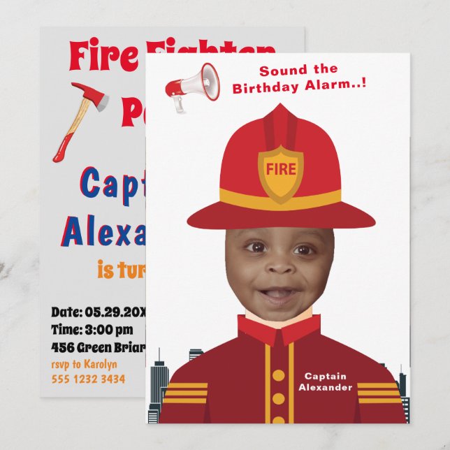 Invitation Modèle photo des enfants pompiers Anniversaire (Devant / Derrière)