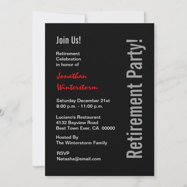 Invitation Modèle rouge blanc de RETRAITE de noir moderne de (Devant)