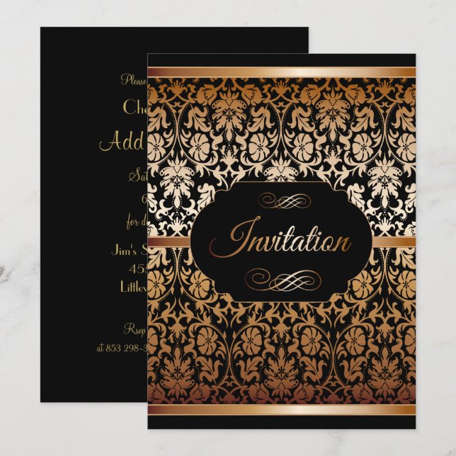 Invitation Modèles de fête en Damas cuivre or et noir (Devant / Derrière)