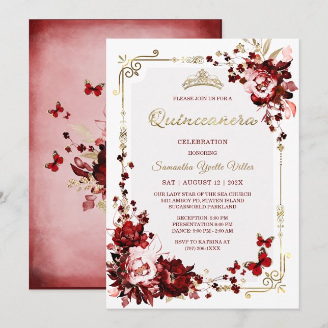 Invitation Modèles de la Bourgogne et de la Quinceanera d'or (Devant / Derrière)