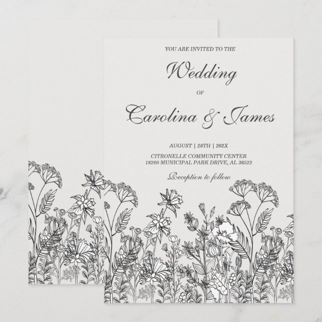 Invitation Modèles de Mariage aux Fleurs Sauvages Minimaliste (Devant / Derrière)