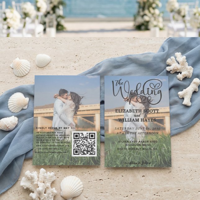 Invitation Modern 2 Photo QR Code Romantic Script Wedding (Créateur téléchargé)