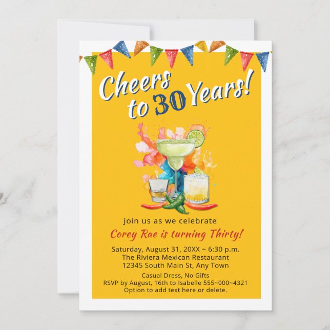 Invitation Modern 30th Birthday Fiesta Cheers to 30 Years  (Devant)
