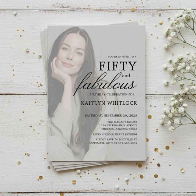 Invitation Modern 50 and Fabulous 50th Birthday Party (modern elegant fifty and fabulous birthday party invitation with full photo overlay for 50th for her)