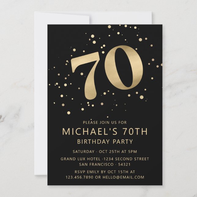 Invitation Modern 70th Seventy Birthday Black and Gold (Devant)
