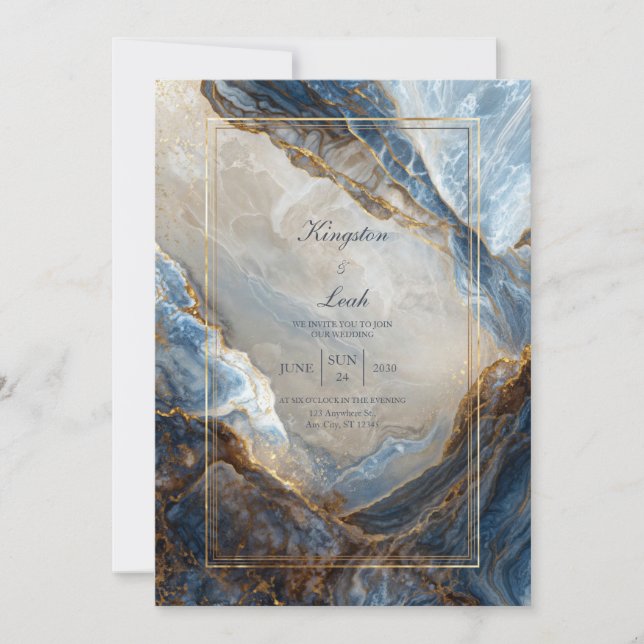 Invitation Modern Abstract Navy Bronze Gilded Marble Wedding (Devant)