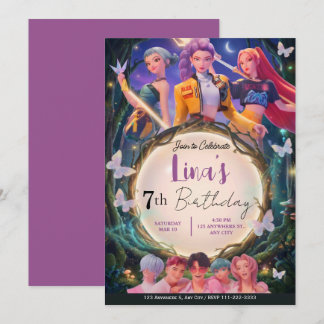 Invitation Modern Anime Girl Squad Neon Purple Birthday