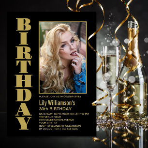 Invitation Modern Any Age Black Gold Photo fête d'anniversair