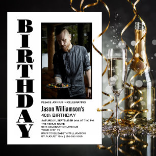 Invitation Modern Any Age Black White Photo Anniversaire