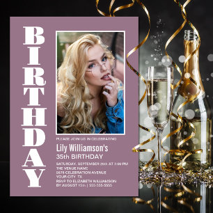 Invitation Modern Any Age Dusty Rose Blanc Photo Anniversaire