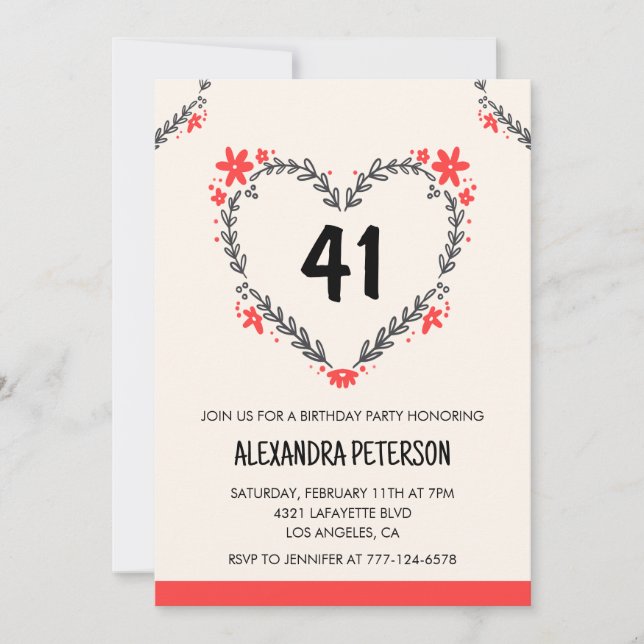 Invitation Modern Any age Floral Heart pour son 41e anniversa (Devant)