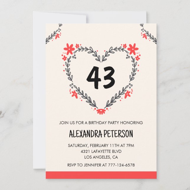 Invitation Modern Any age Floral Heart pour son 43e anniversa (Devant)