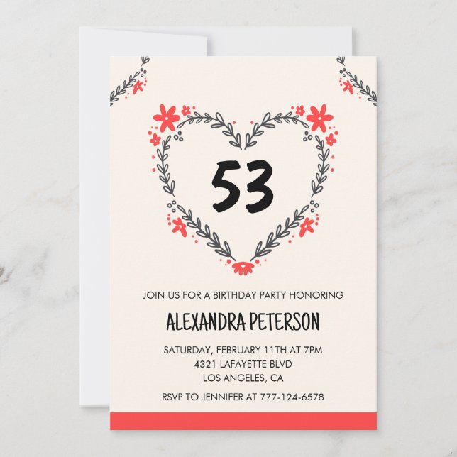 Invitation Modern Any age Floral Heart pour son 53e anniversa (Devant)