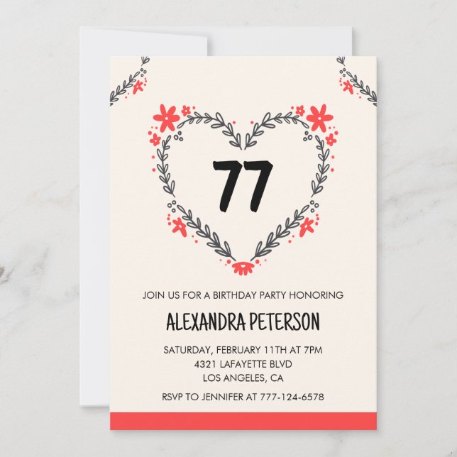 Invitation Modern Any age Floral Heart pour son 77e anniversa (Devant)