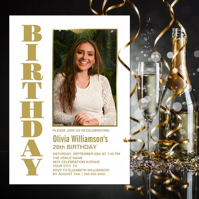 Invitation Modern Any Age Gold White Photo fête d'anniversair (Créateur téléchargé)