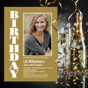 Invitation Modern Any Age Gold White Photo fête d'anniversair
