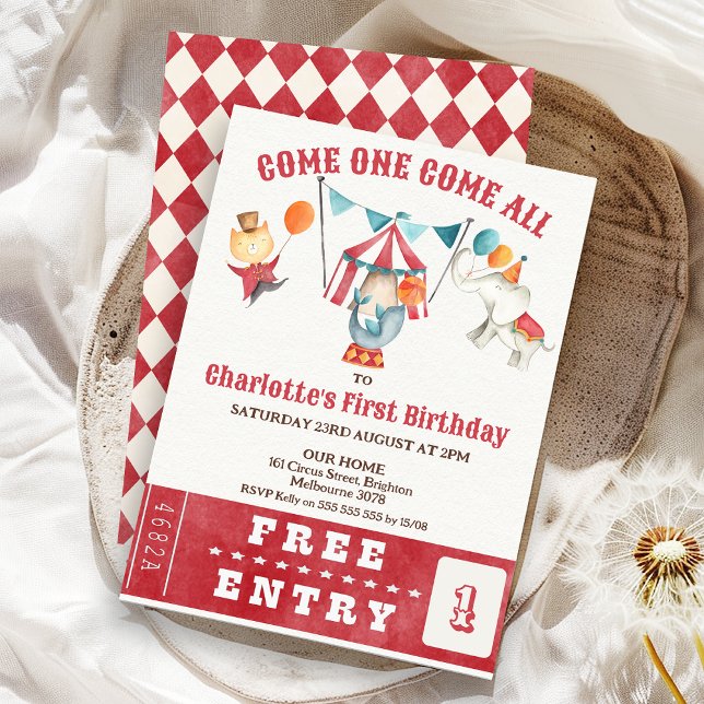 Invitation Modern Any Genre Red Circus Billetterie 1er annive (Red Circus Ticket 1st Birthday Invitation, Circus Birthday Invitation Any Age, Circus Tent, Ticket)