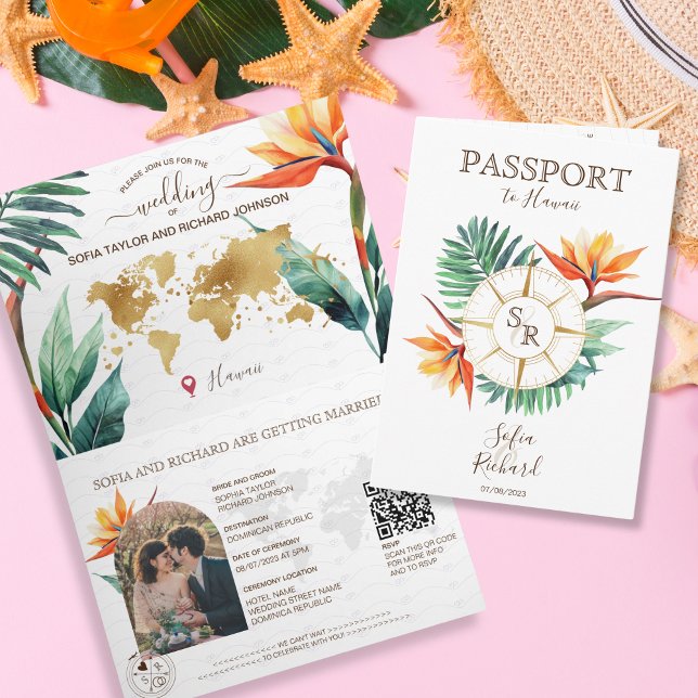 Invitation Modern Beach Destination Mariage Passeport QR Code (Créateur téléchargé)