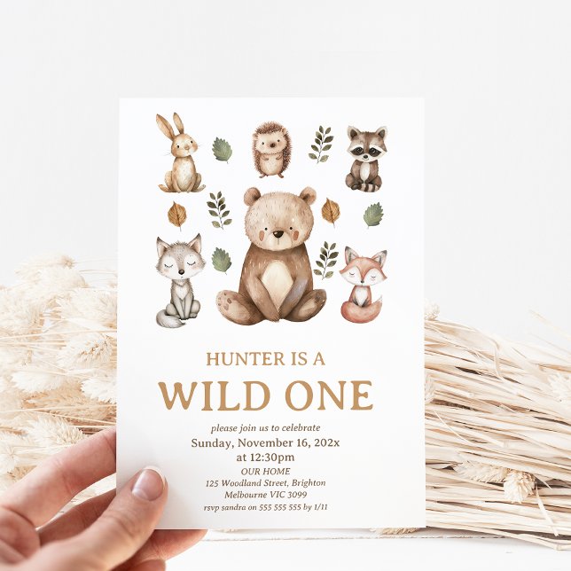 Invitation Modern Bear Woodland Wild One 1st Birthday (Bear Woodland Wild One 1st Birthday Party Invitation, Woodland Wild One Birthday Invitation, Modern)