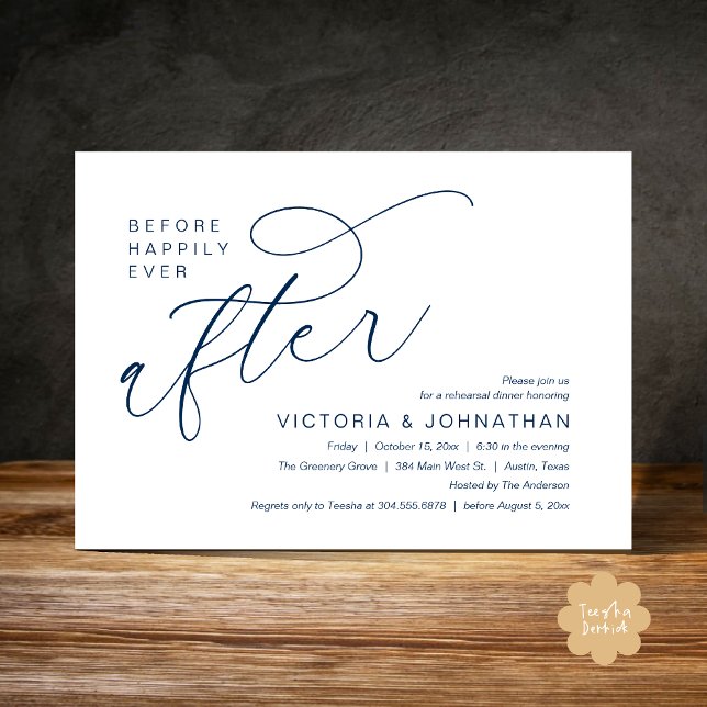 Invitation Modern Before Happily Ever After Rehearsal Dinner (Modern Before Happily Ever After Romantic Rehearsal Dinner Invites Card PDF Aesthetic navy Blue)