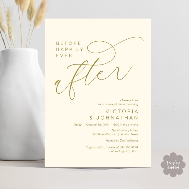 Invitation Modern Before Happily Ever After Rehearsal Dinner (Modern Before Happily Ever After Romantic Rehearsal Dinner Invites Card PDF Aesthetic Yellow Gold)