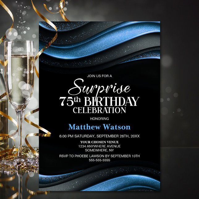 Invitation Modern Black and Blue Surprise 75th Birthday Party (Créateur téléchargé)