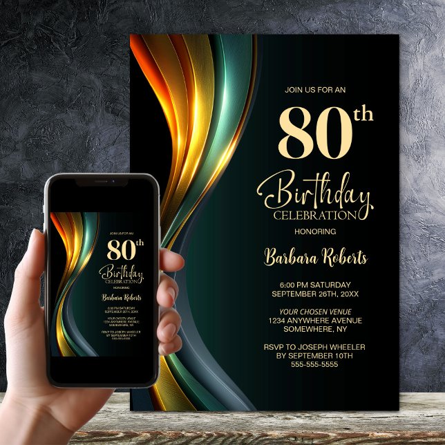 Invitation Modern Black and Gold 80th Birthday Party (Créateur téléchargé)