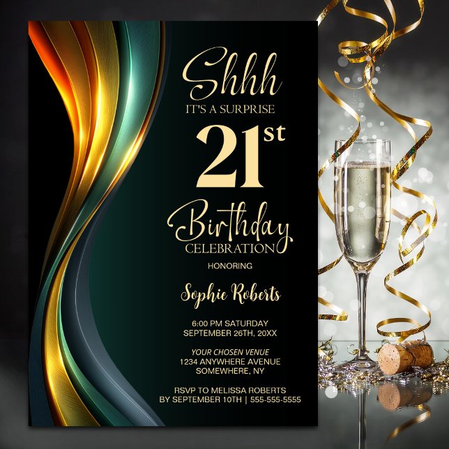 Invitation Modern Black and Gold Surprise 21st Birthday Party (Créateur téléchargé)