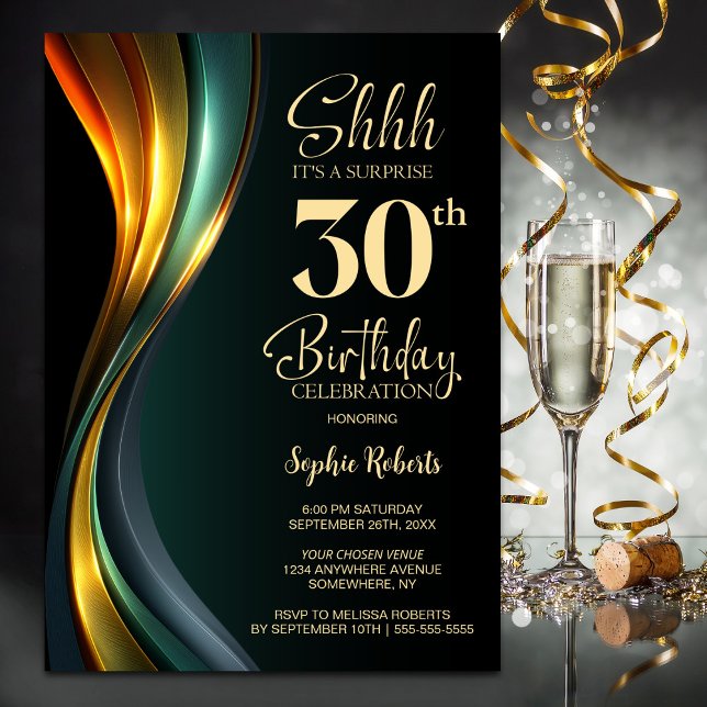 Invitation Modern Black and Gold Surprise 30th Birthday Party (Créateur téléchargé)