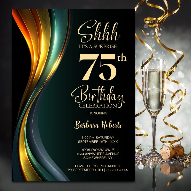 Invitation Modern Black and Gold Surprise 75th Birthday Party (Créateur téléchargé)