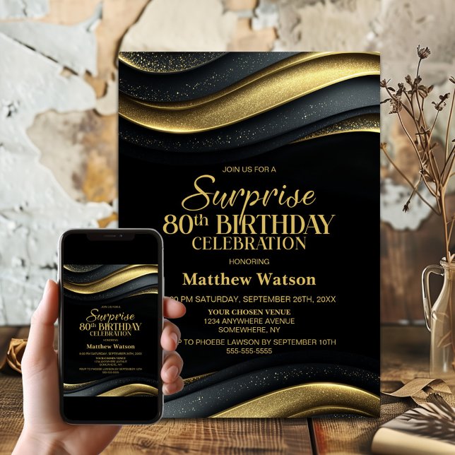 Invitation Modern Black and Gold Surprise 80th Birthday Party (Créateur téléchargé)