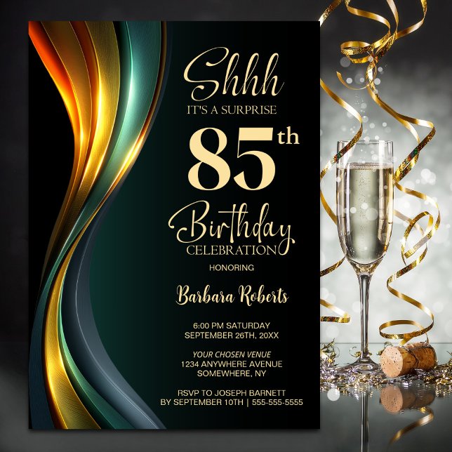 Invitation Modern Black and Gold Surprise 85th Birthday Party (Créateur téléchargé)