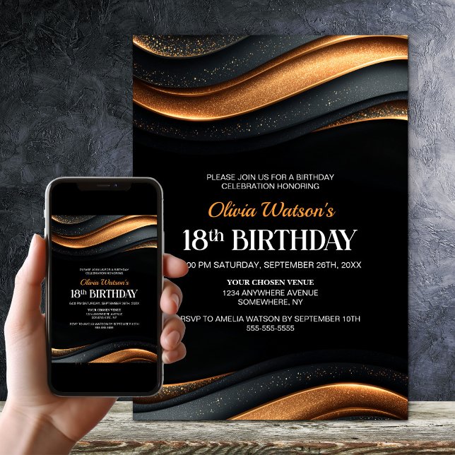 Invitation Modern Black and Orange 18th Birthday Party (Créateur téléchargé)