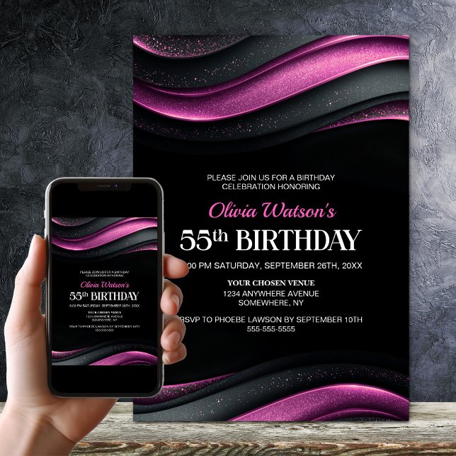 Invitation Modern Black and Pink 55th Birthday Party (Créateur téléchargé)
