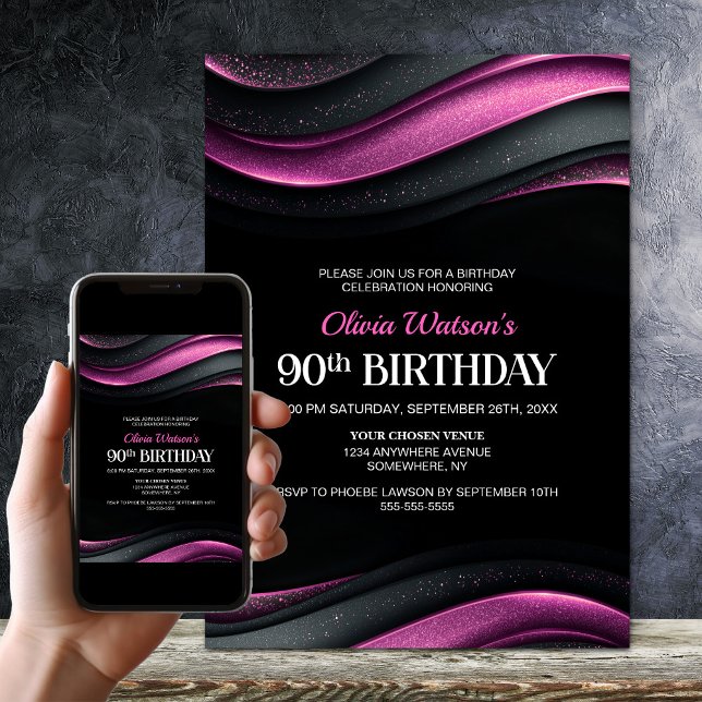 Invitation Modern Black and Pink 90th Birthday Party (Créateur téléchargé)