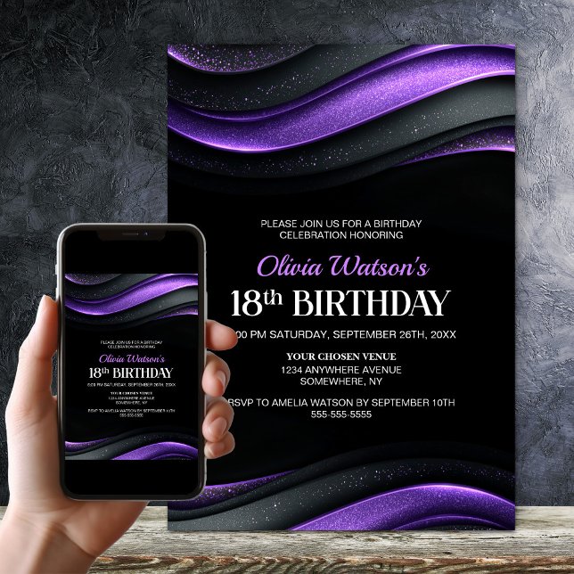 Invitation Modern Black and Purple 18th Birthday Party (Créateur téléchargé)